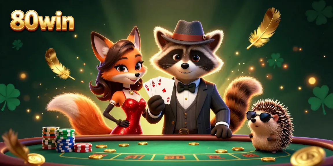 80win raccoon dealer showcases winning poker hand with vibrant casino atmosphere and golden details.