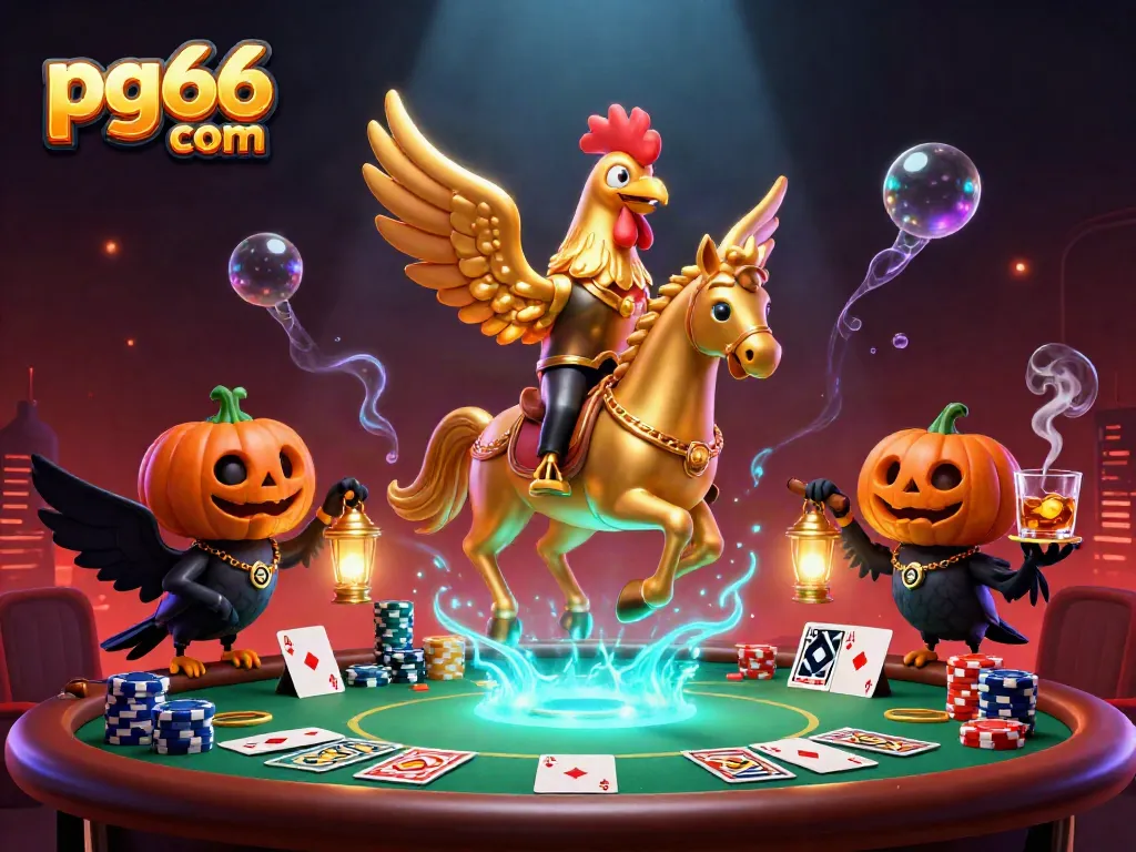 Experience the excitement of pg66 com in this vibrant casino scene with a golden rooster and friends.