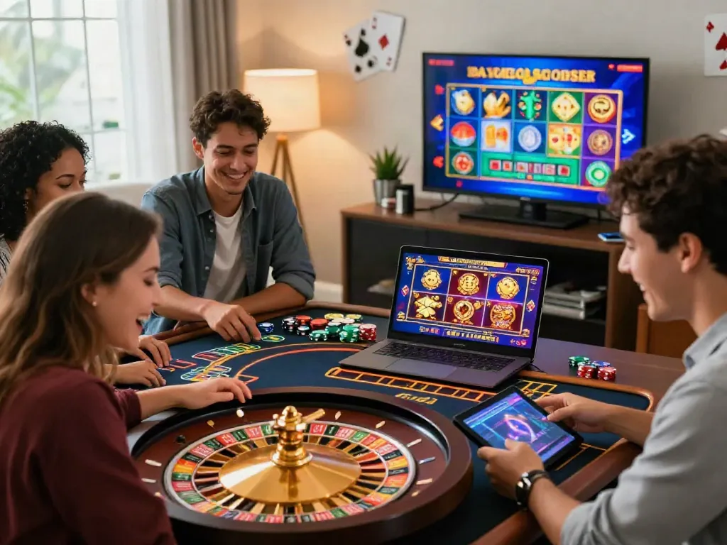 Exciting group enjoying new USA online casinos with vibrant games and friendly atmosphere.