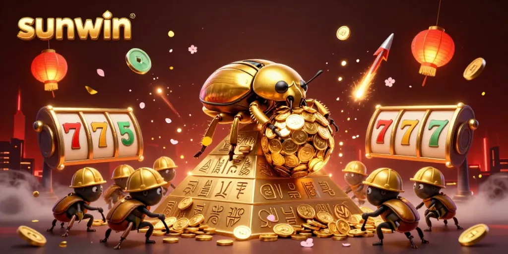 Sunwin showcases a vibrant 3D casino scene with a golden dung beetle and dynamic game elements.