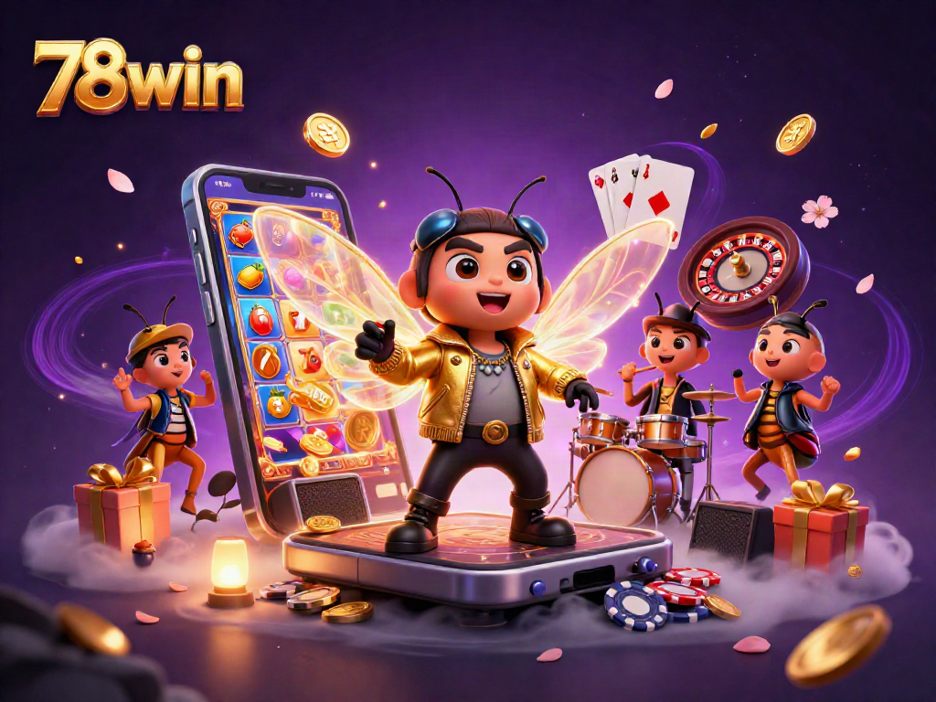 78win showcases a vibrant casino scene featuring a cicada rock star and colorful slot games.