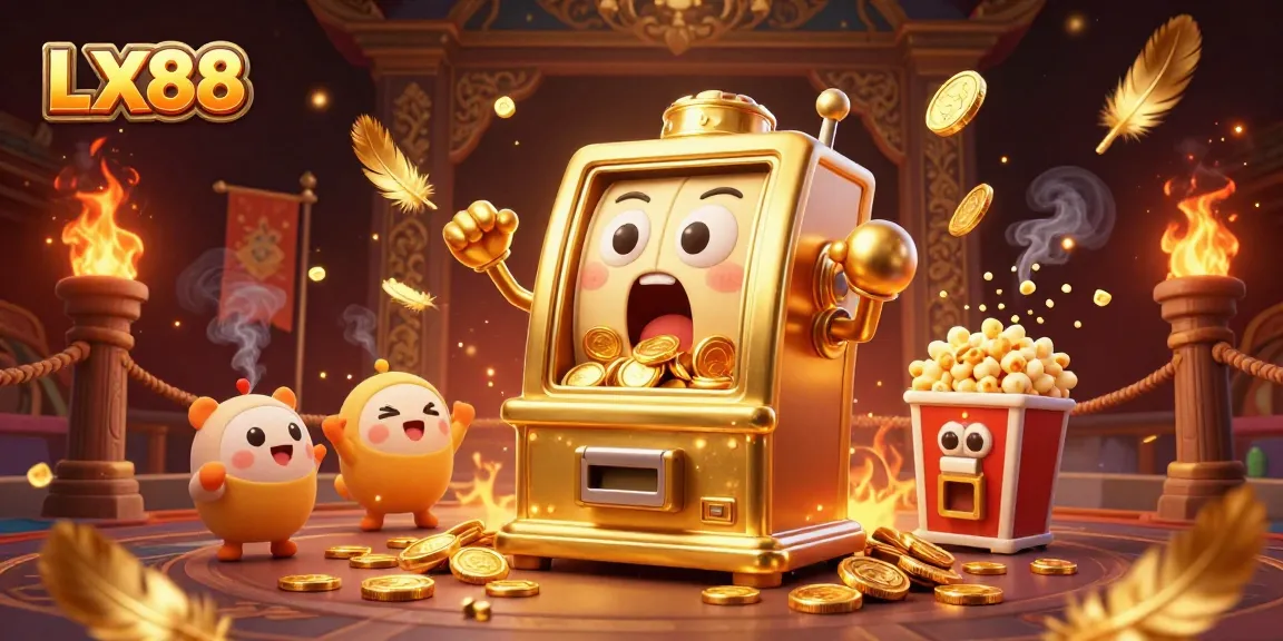 LX88 jackpot celebration with a cartoon golden slot machine and cheering baby slots