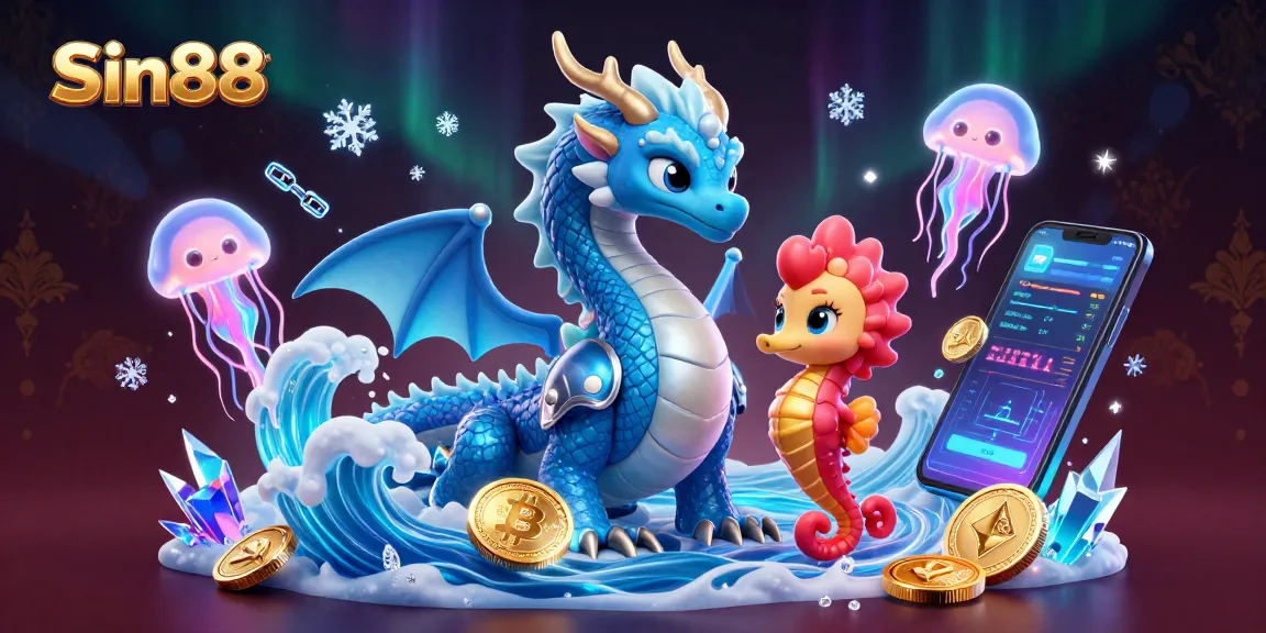 Bet on Sin88 with an azure water dragon and coral knight surrounded by glowing crypto elements.