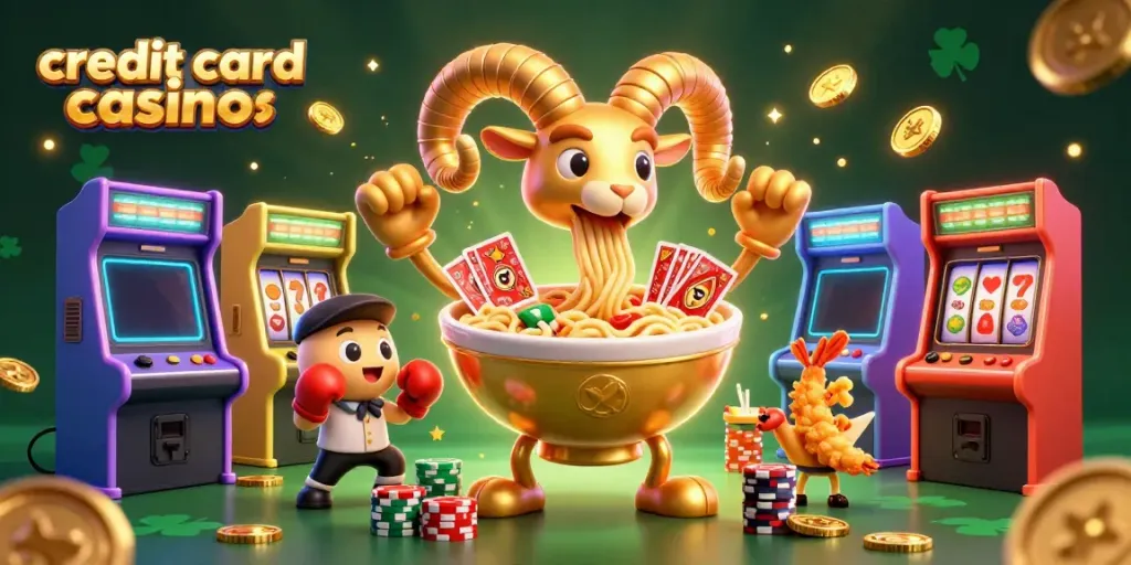 Engaging 3D rendering of credit card casinos with a golden ramen bowl character, arcade elements, and vibrant colors.