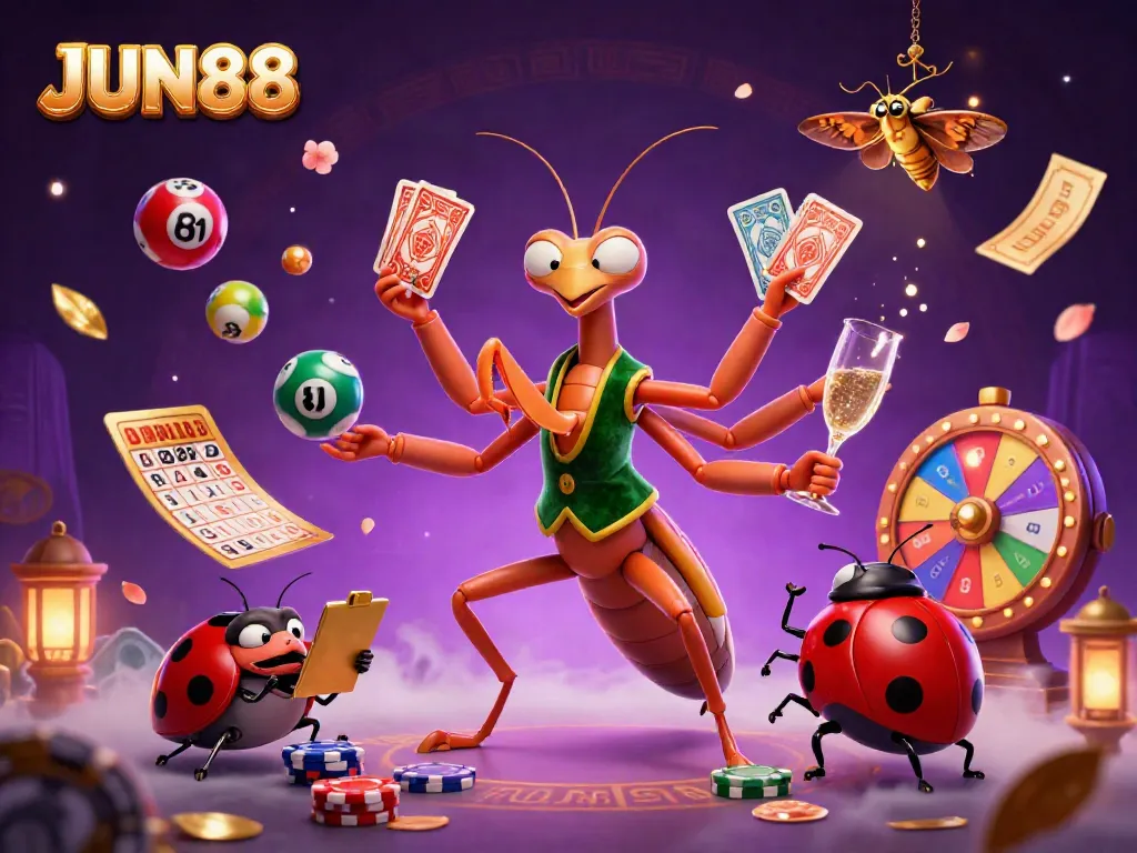 Immerse yourself in the exciting JUN88 casino scene with vibrant characters and dynamic gaming elements.