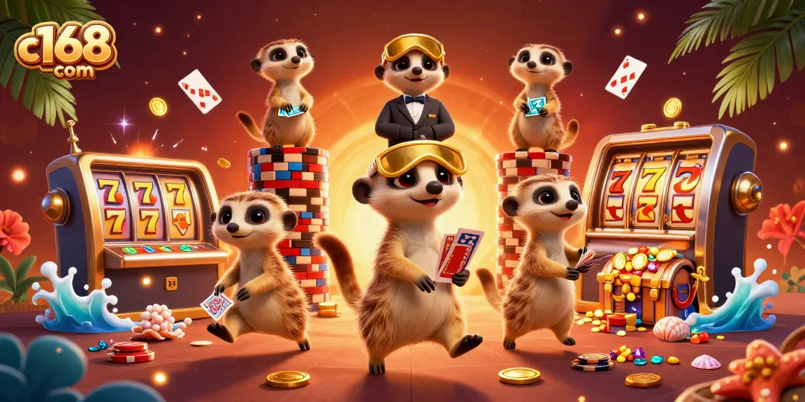 Engage with c168com's dynamic 3D meerkat casino scene showcasing gaming excitement and playful creativity.