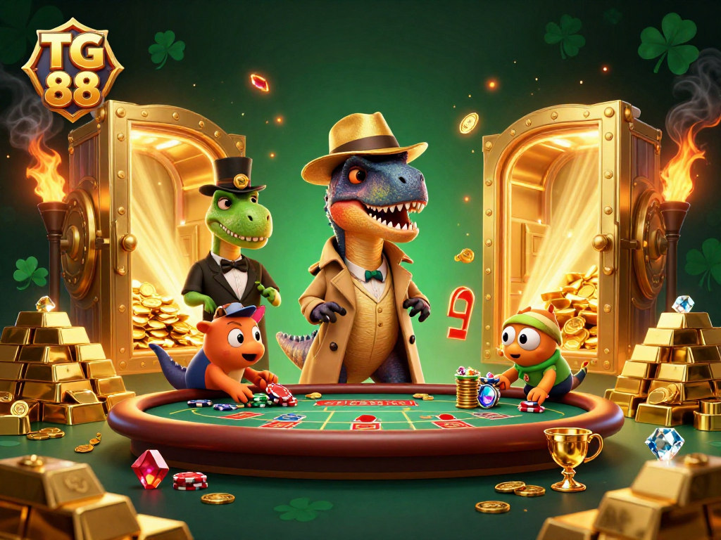 Win big with TG 88 in an exciting casino scene featuring unique characters and vibrant treasures.