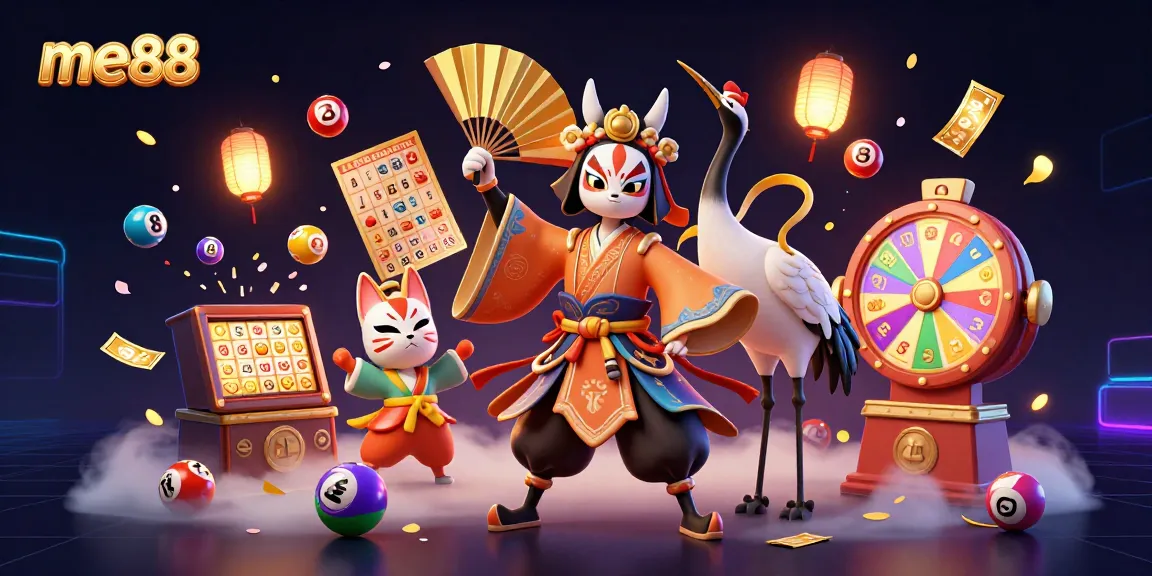 Experience the vibrant world of me88 with a captivating 3D illustration showcasing dynamic casino elements and characters.