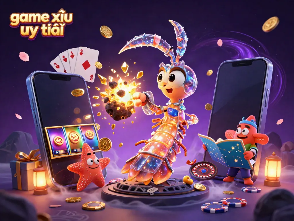 Experience game tài xỉu uy tín with dynamic elements including a galactic mantis shrimp and vibrant casino items.