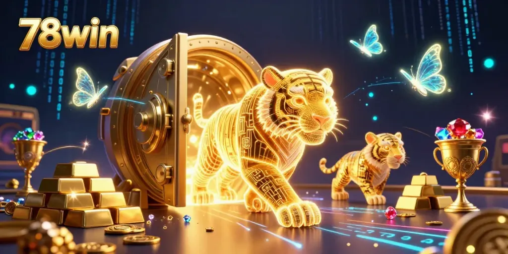 Engage with 78win's vibrant casino adventure as a golden tiger and holographic companions explore a treasure-filled digital landscape.