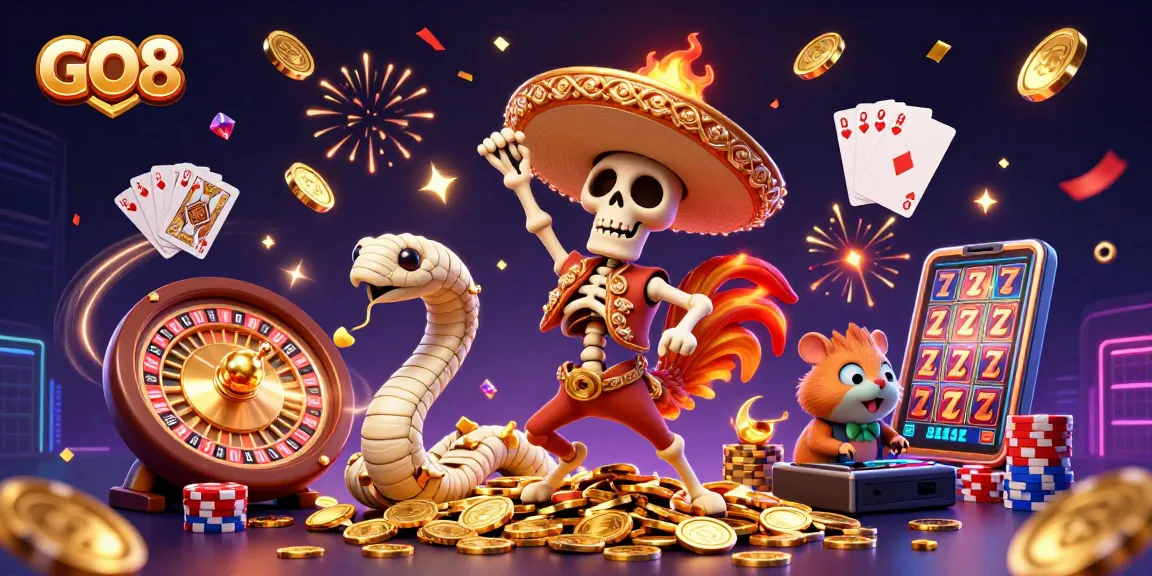 Celebrate big wins at GO8 with our vibrant casino illustration featuring dynamic game elements.