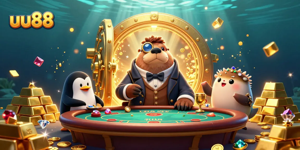 Join the exciting action at uu88 with a lively underwater poker game featuring animated characters and dazzling treasures.