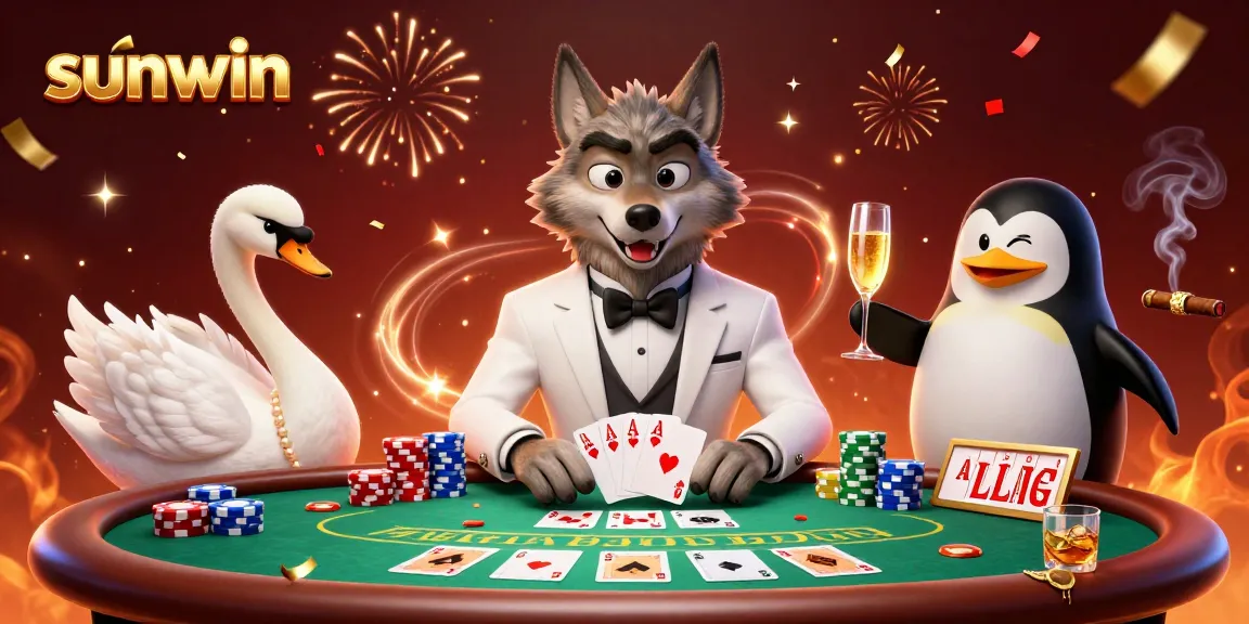 Experience thrilling moments at sunwin with a 3D cartoon wolf, swan, and penguin in luxurious casino setting.