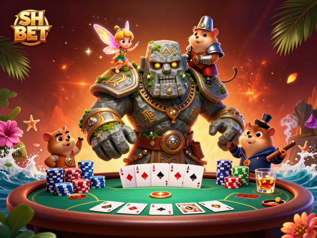 Experience the excitement of SH BET with dynamic casino characters in action, showcasing poker elements.