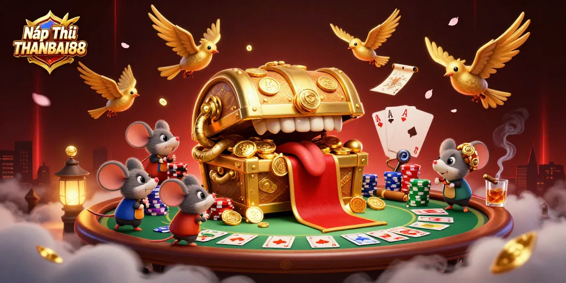 Nạp Tiền THANBAI88 at a dynamic casino scene with treasure chest and poker elements.