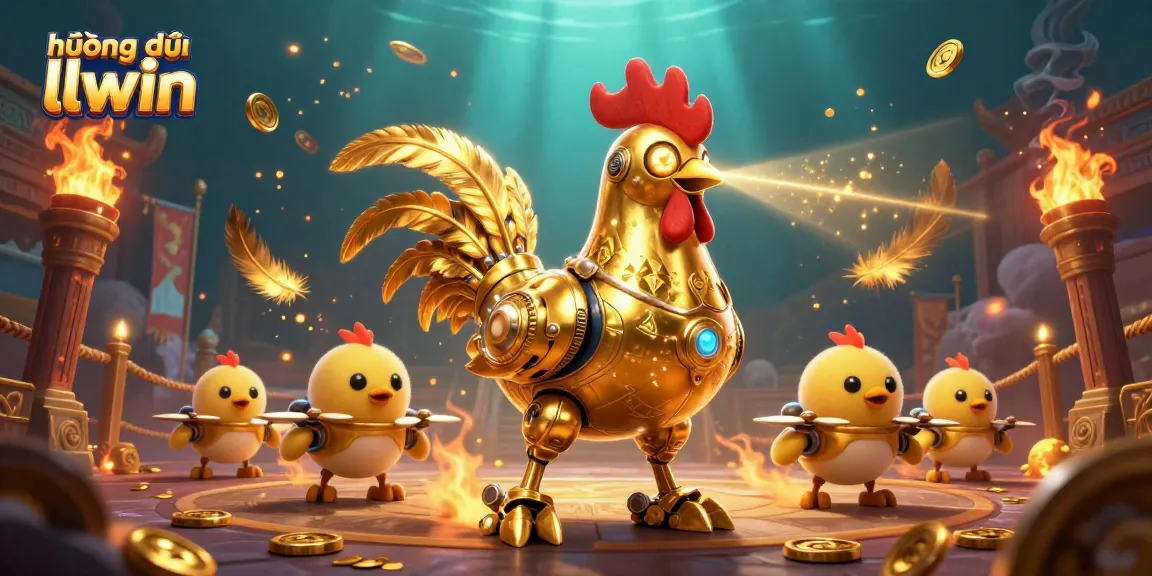 Engage with the hướng dẫn llwin on a vibrant casino scene featuring a robotic rooster shooting lasers and baby chick drones.