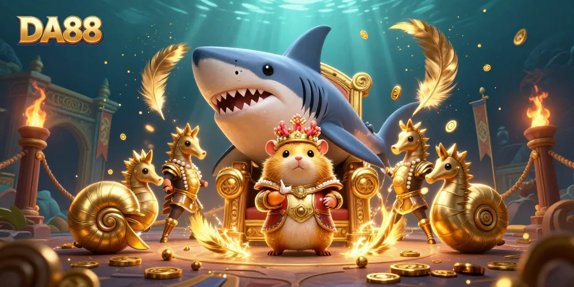 DA88 powers a thrilling casino scene with a golden hamster king and royal guards among gold coins and betting tokens.