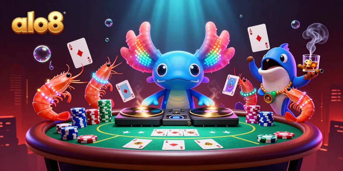 Experience thrilling gaming action at ALO8 with the vibrant DJ axolotl and dancing shrimp.