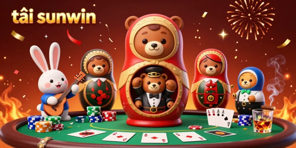 Tải sunwin illustrated with a vibrant 3D scene of casino bears and poker elements.