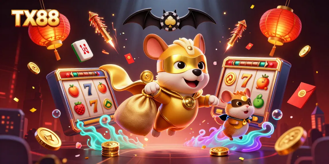 Engage with TX88 in this vibrant casino scene featuring a superhero dog and exciting gaming elements.