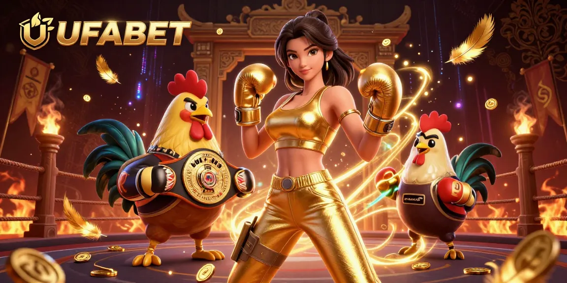 Engage in thrilling play at UFABET with a stunning 3D scene featuring a powerful woman, a champion rooster, and dynamic casino elements.