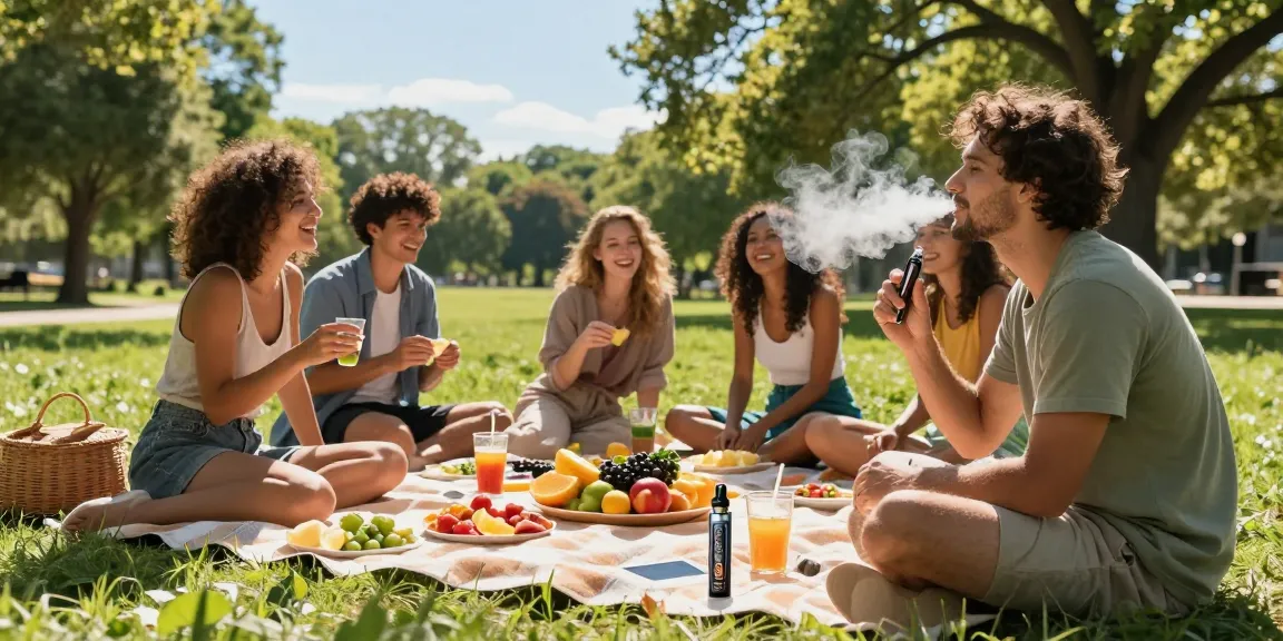 Engaging outdoor picnic scene showcasing friends enjoying THC vapes UK, organic snacks, and a healthy lifestyle in a natural setting.