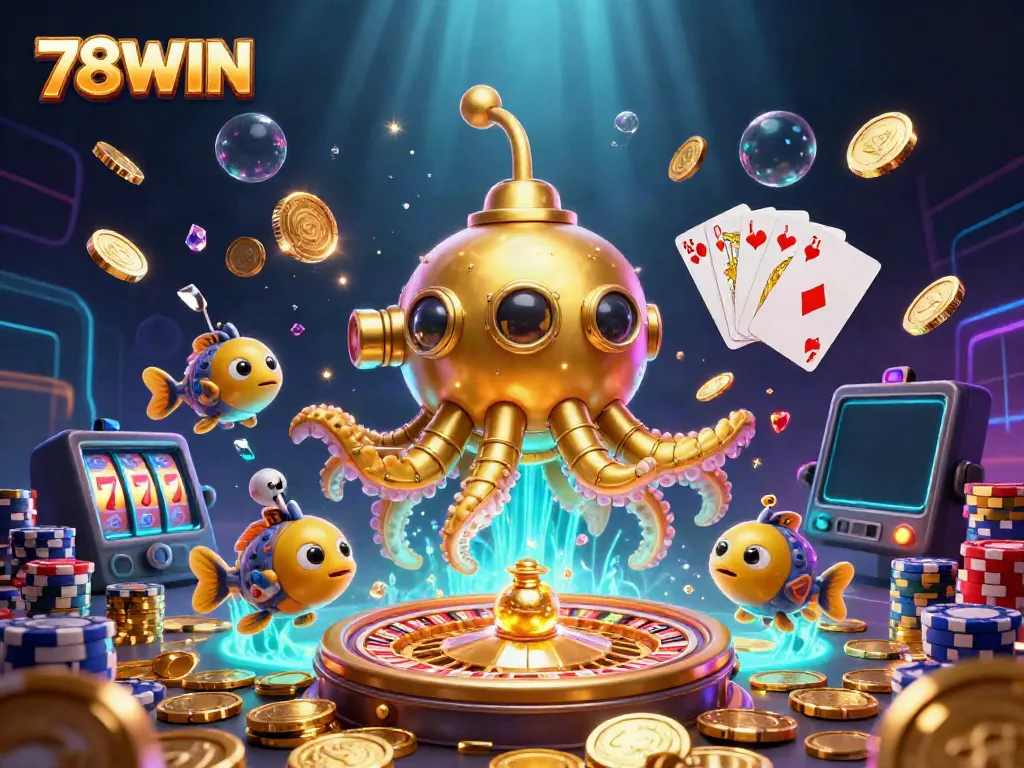 Experience the excitement of 78WIN with a dazzling display of golden coins and casino elements.