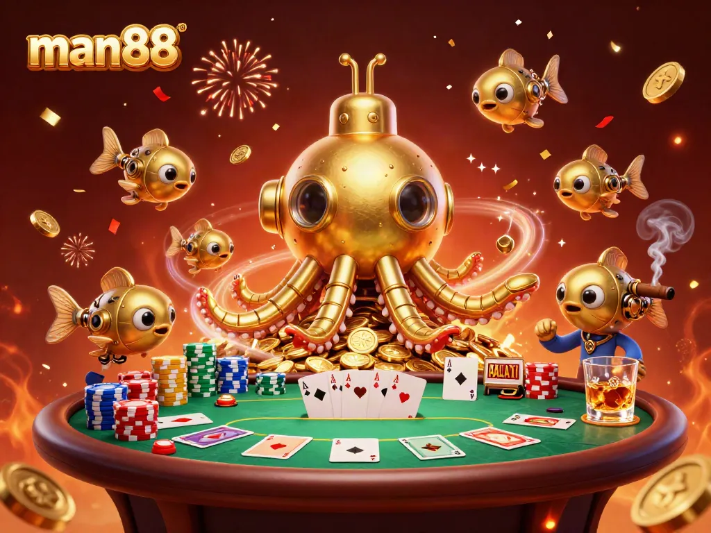 Engaging man88 casino scene showcasing a soaring golden kraken submarine amidst golden coins with poker action.