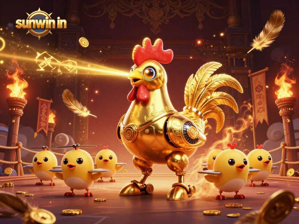 Experience exciting gameplay at sunwin in with the golden rooster robot in a dynamic casino scene.