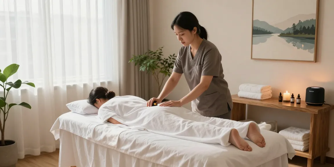 Relaxing 강서구출장안마 experience in a serene massage room with candles and essential oils.