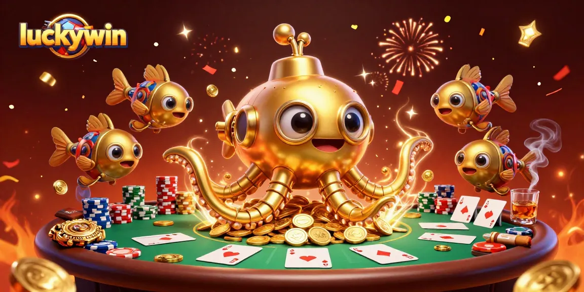 Experience luckywin with a vibrant celebration of poker and adventure in a 3D casino illustration.