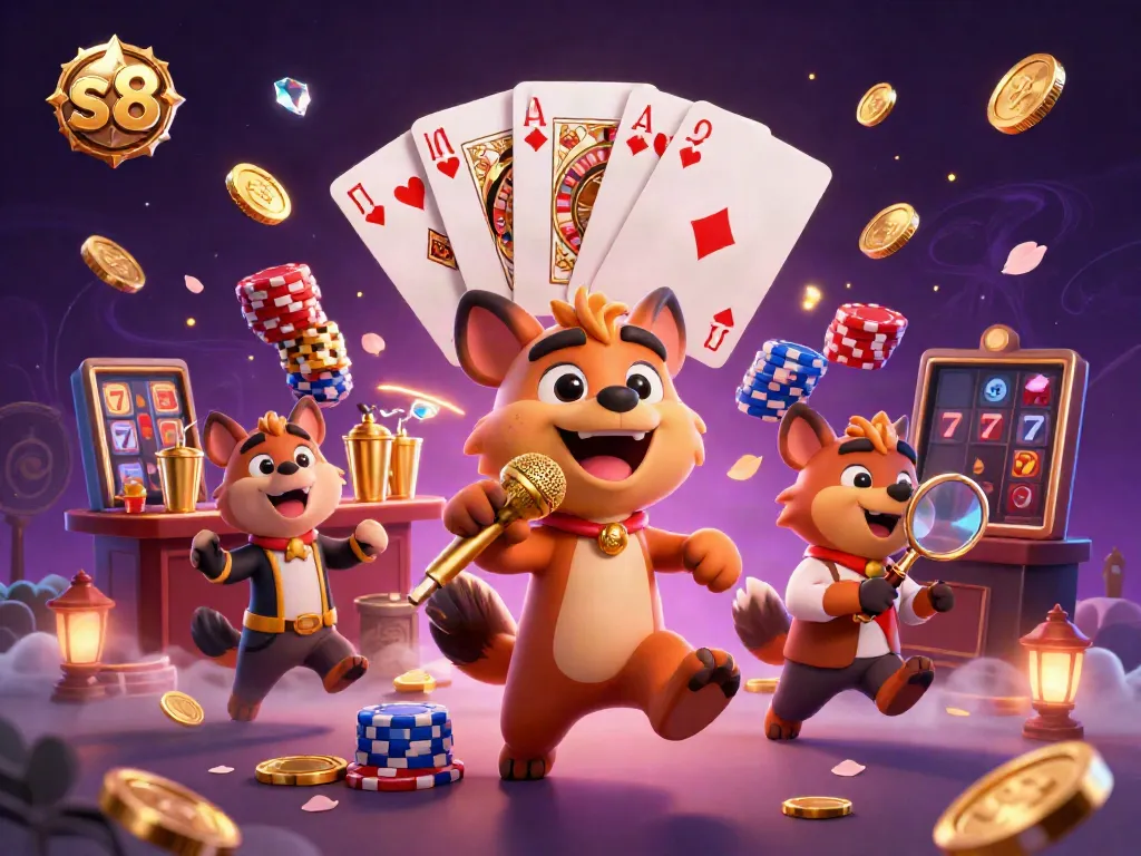 Experience thrilling casino fun with s8's engaging hyena characters at a dynamic comedy club scene.