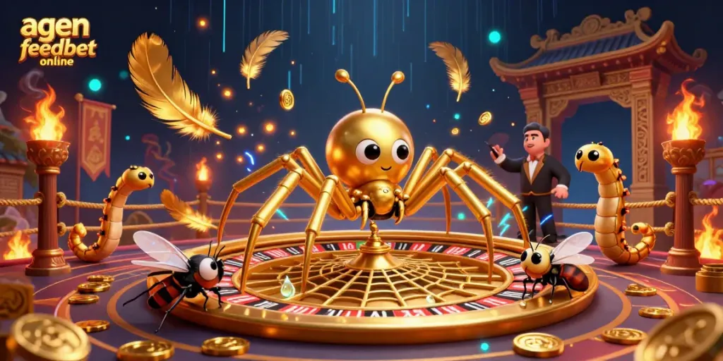 Bets are placed at the edge of a roulette wheel spun by a golden spider at agen feedbet online illustrated in rich detail.