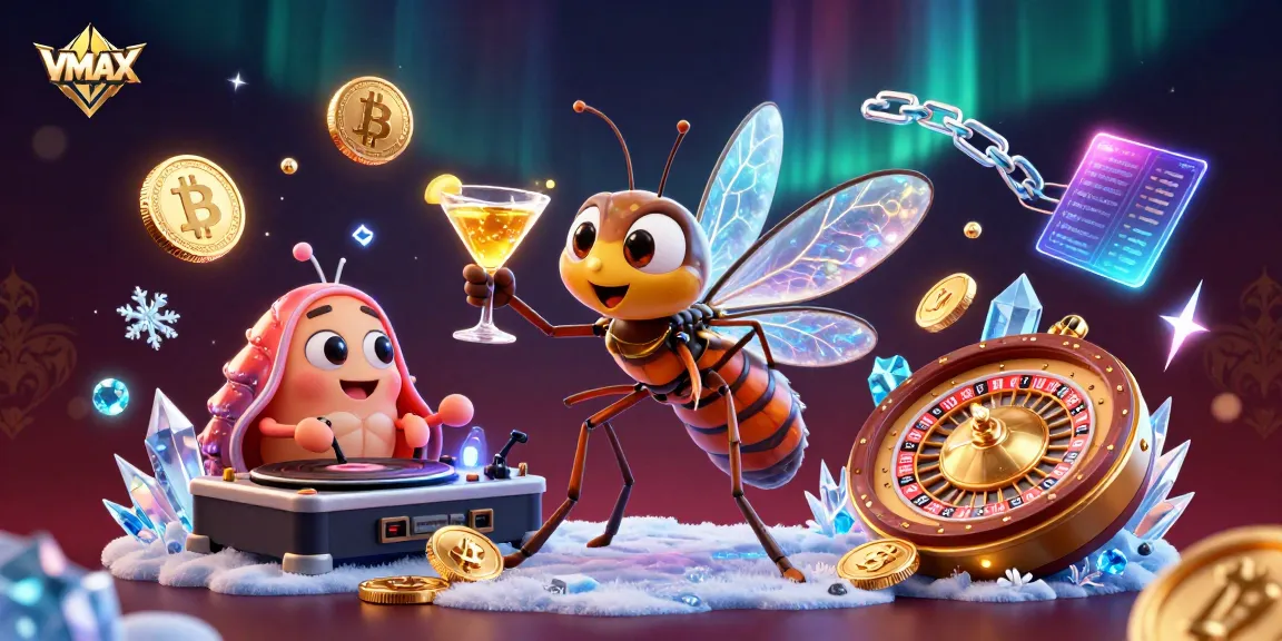 VMAX casino mascot bringing excitement with golden cocktail amidst dazzling 3D coins and casino elements.