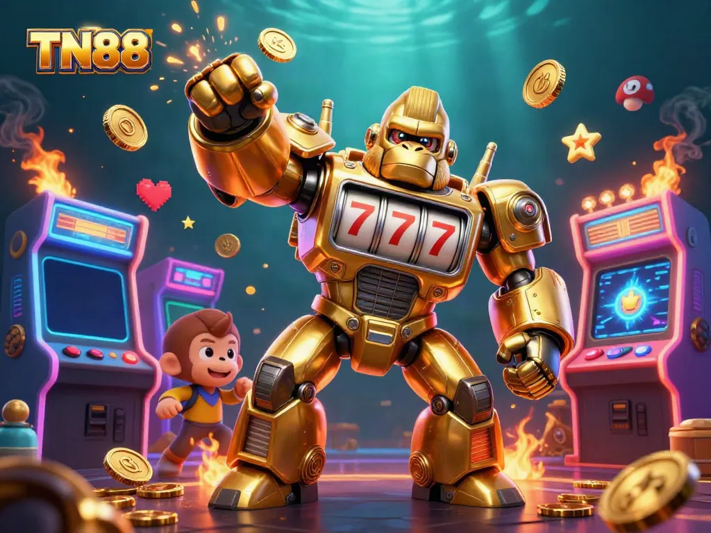 Experience TN88 excitement with a golden gorilla mech amidst casino games and vibrant visuals.