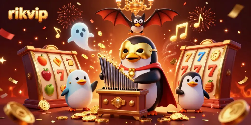 Experience exciting gameplay at rikvip with a cartoon penguin playing a golden organ amid a festive gambling scene.