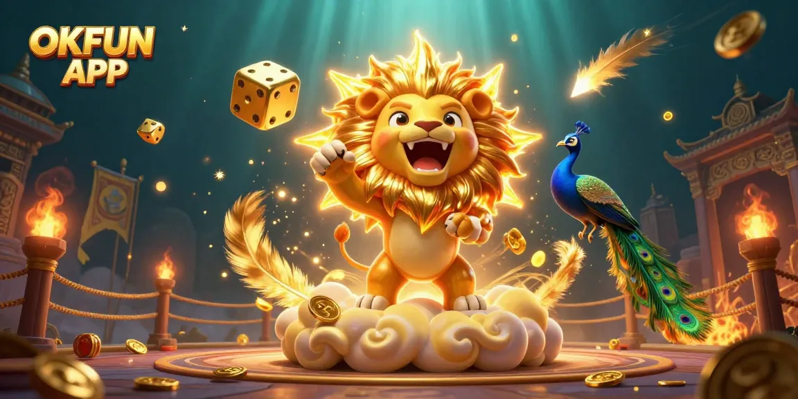 Engage with the thrilling OKFUN APP experience featuring a lion and golden dice amidst dynamic casino elements.