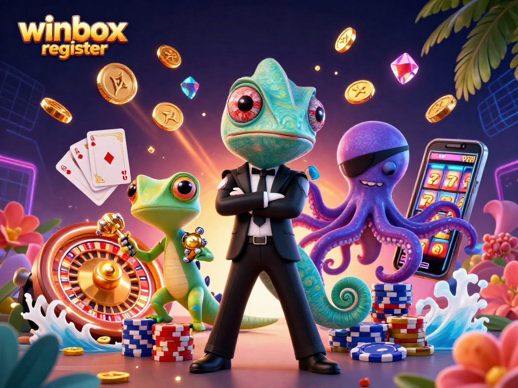Engaging illustration showcasing winbox register with characters in an energetic casino scene.
