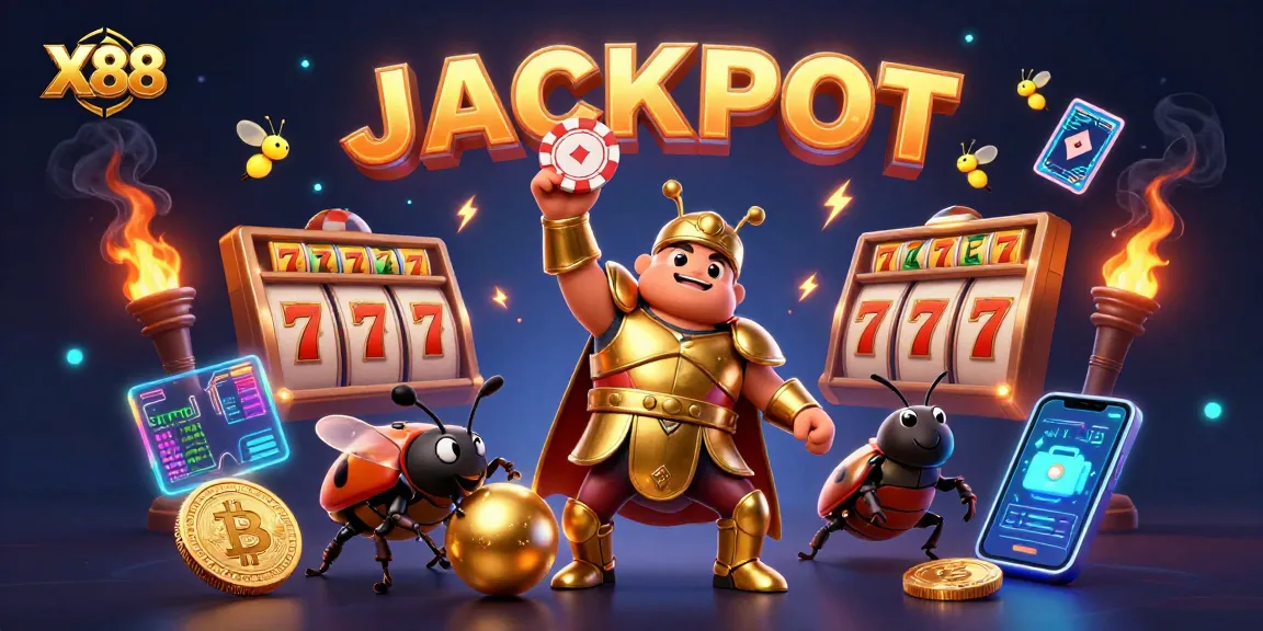 X88 players celebrate big wins with a vibrant 3D illustration of a golden-armored beetle lifting a poker chip.