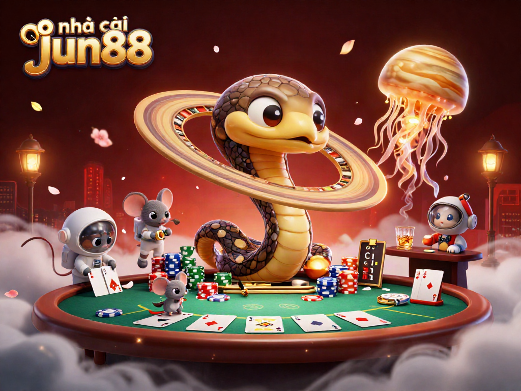 Experience thrilling wagers with nhà cái jun88 in this vibrant casino-themed 3D illustration.