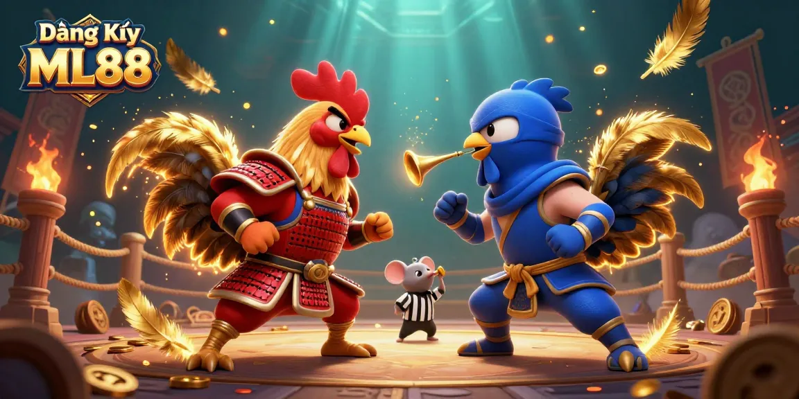 Engage in Đăng Ký ML88 with an epic rooster showdown amidst golden casino elements.