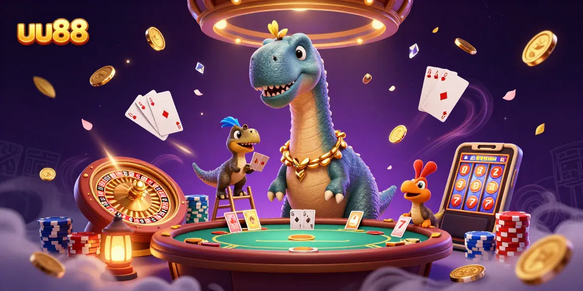 Experience the thrill of uu88 with a vibrant 3D casino scene featuring a fun dinosaur and action-packed game elements.