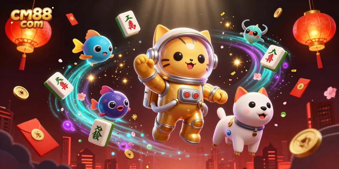 Bet on cm88 com while exploring a vibrant casino universe led by a golden astronaut cat.