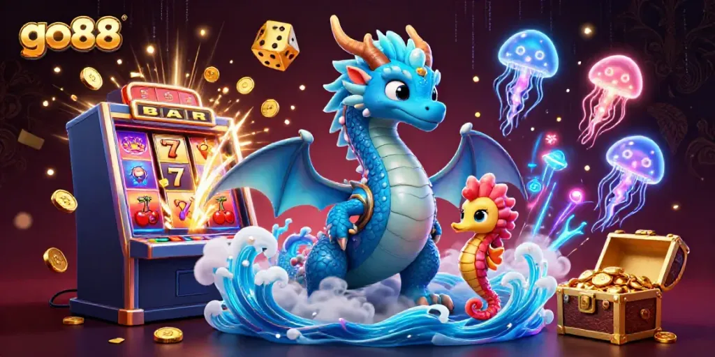 Engage with go88's vibrant gaming scene featuring a mystical dragon and seahorse amidst jackpot excitement.