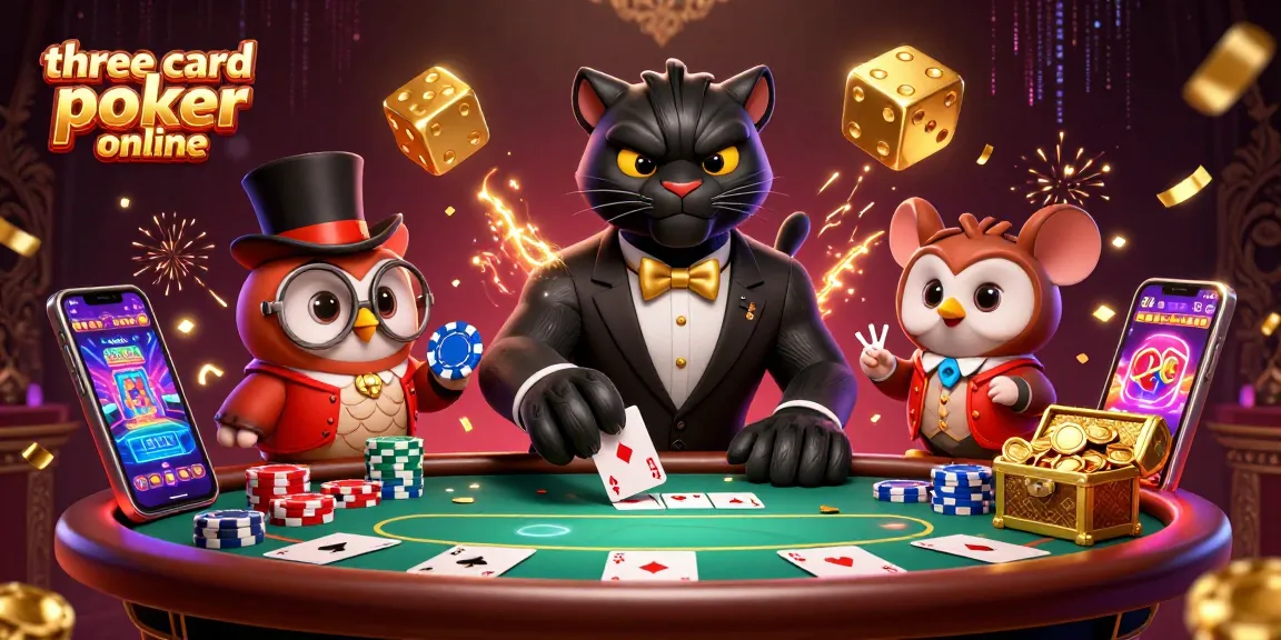 Experience three card poker online with a stylish panther dealer, owl with chips, and lucky mouse amid dynamic casino elements.