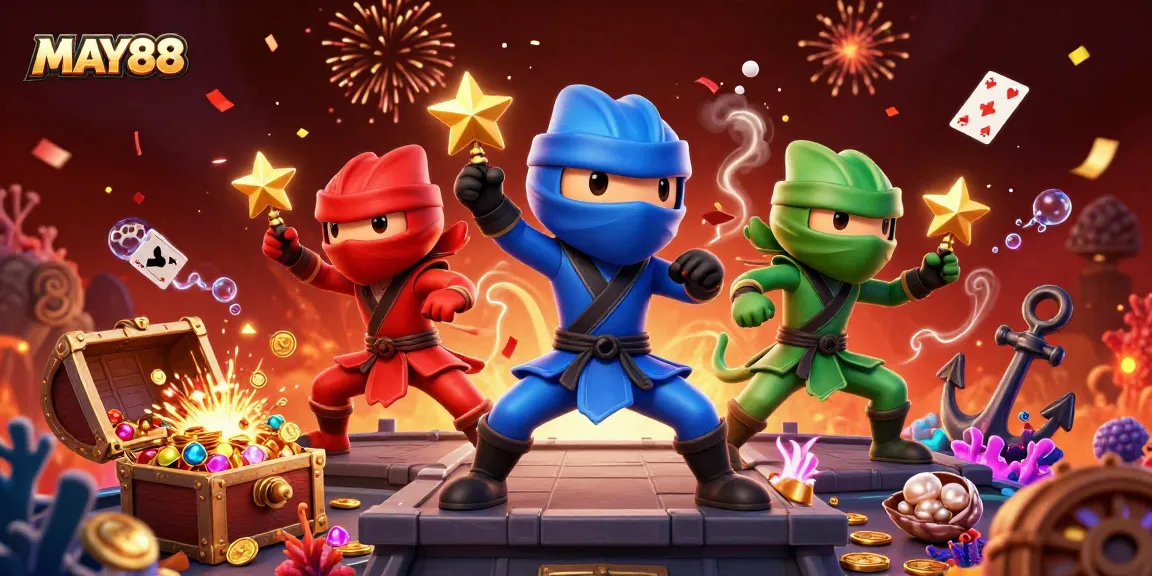 MAY88 showcases a vibrant scene with chameleon ninjas and rich casino elements, celebrating thrilling wins.