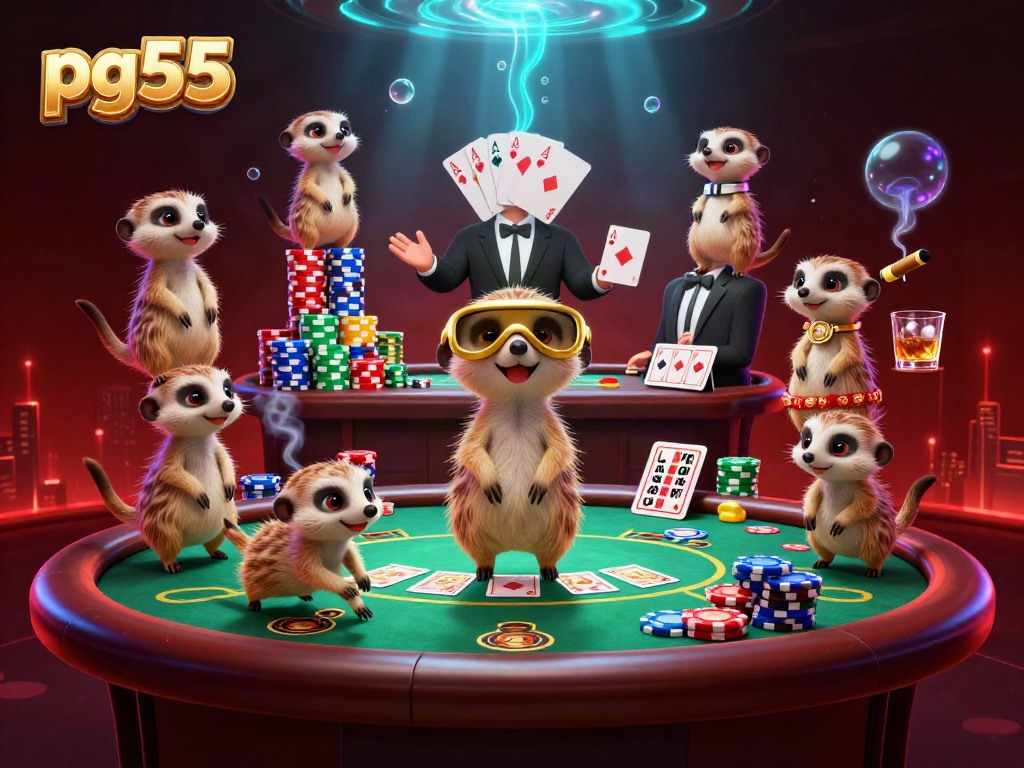 Watch a colony of meerkats engaging in vibrant casino activities featuring pg55 with poker chips and cards.