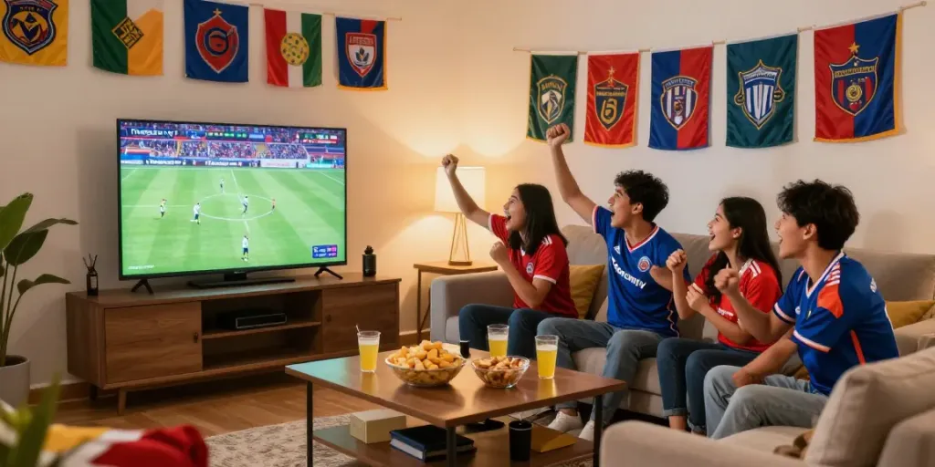 Football fans enjoying a live match on Thapcamtv in a cozy living room.