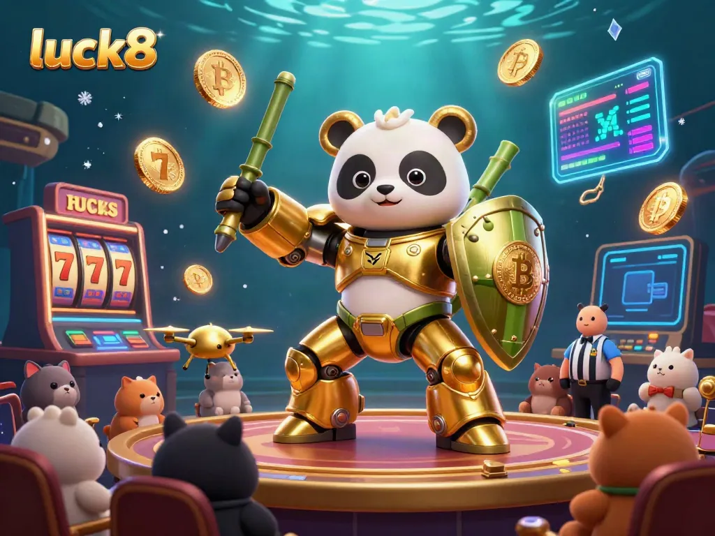 Engage in the luck8 casino world with golden panda piloting a robot amidst a vibrant atmosphere of slot reels and cryptocurrency.