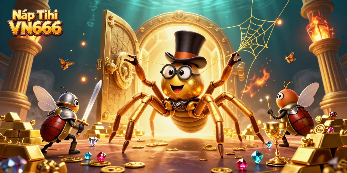 Nạp Tiền VN666 showcases a thrilling 3D illustration of a golden tarantula weaving riches amidst casino glamour